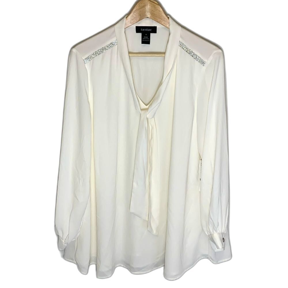Karen Kane NWT Ivory Tie V-Neck Rhinestone Embellished LS Career Blouse Sz 1X - Picture 2 of 14